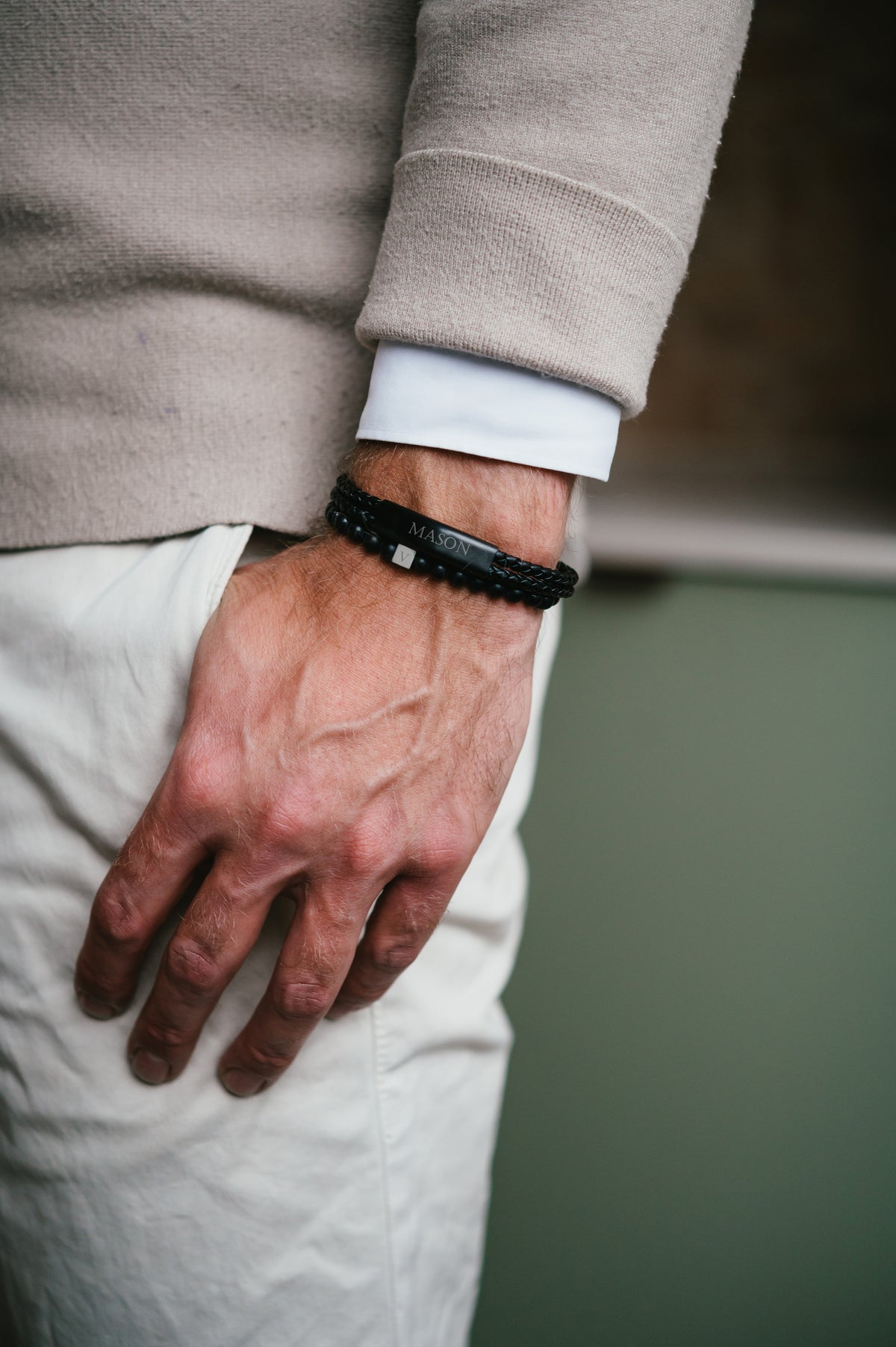 Braided leather men's bracelet with name - Stainless steel black