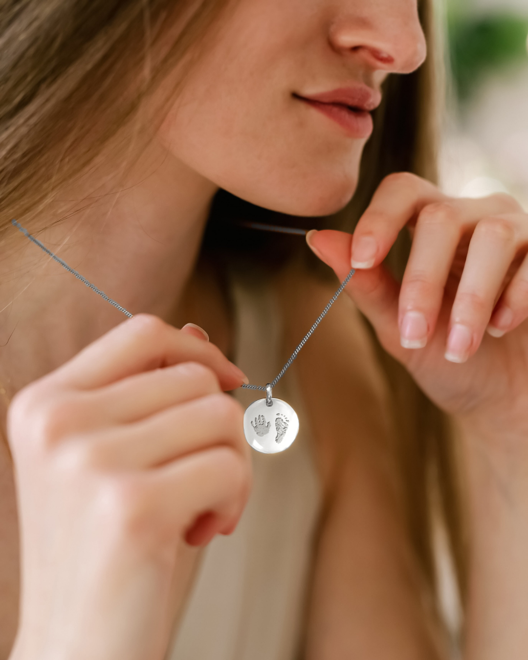 Collier Pendentif Rond Empreinte de Main et de Pied - Argent