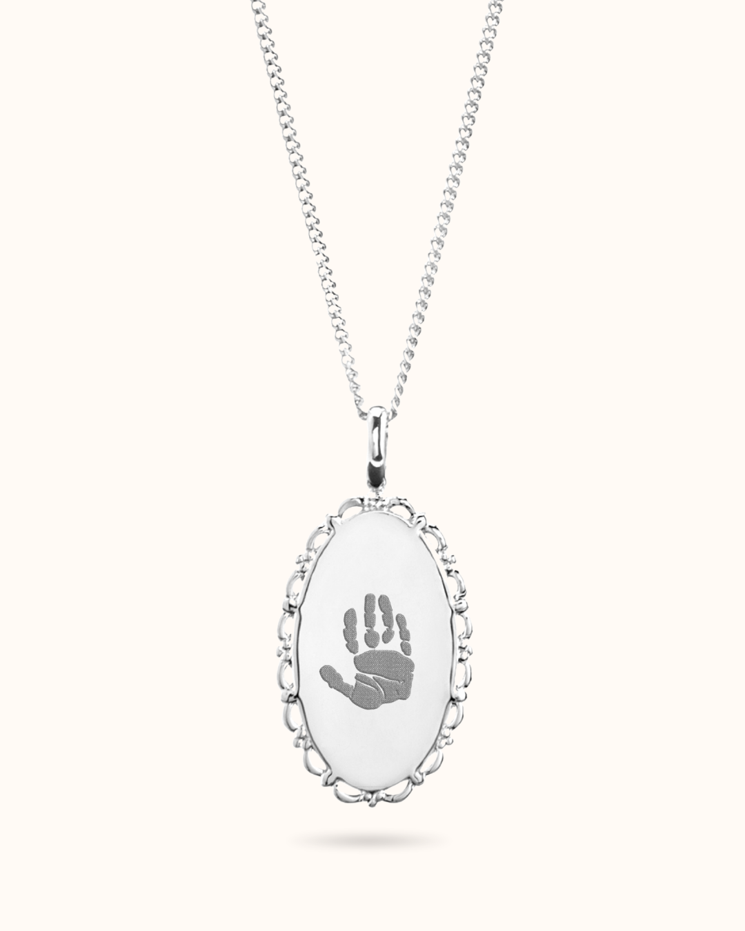 Hand and Footprint Vintage Oval Necklace - Silver