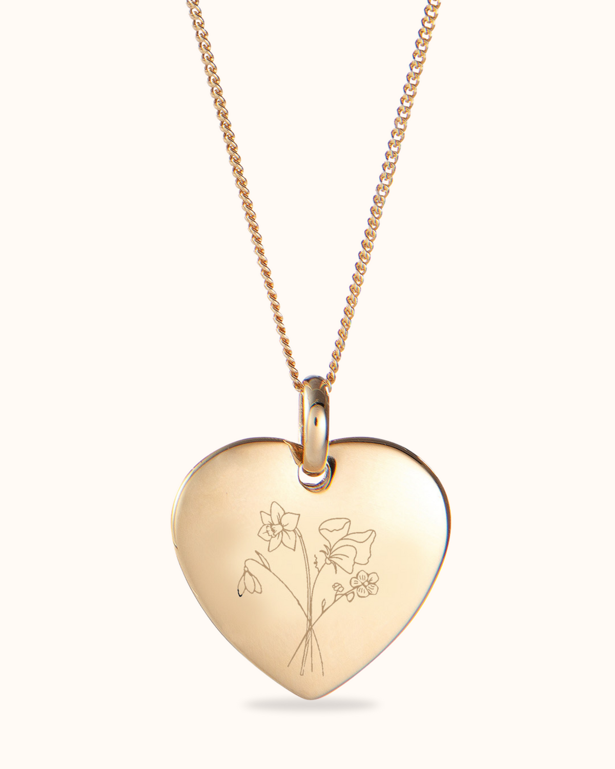 Birth Flower Bouquet Heart Charm Necklace - Gold plated