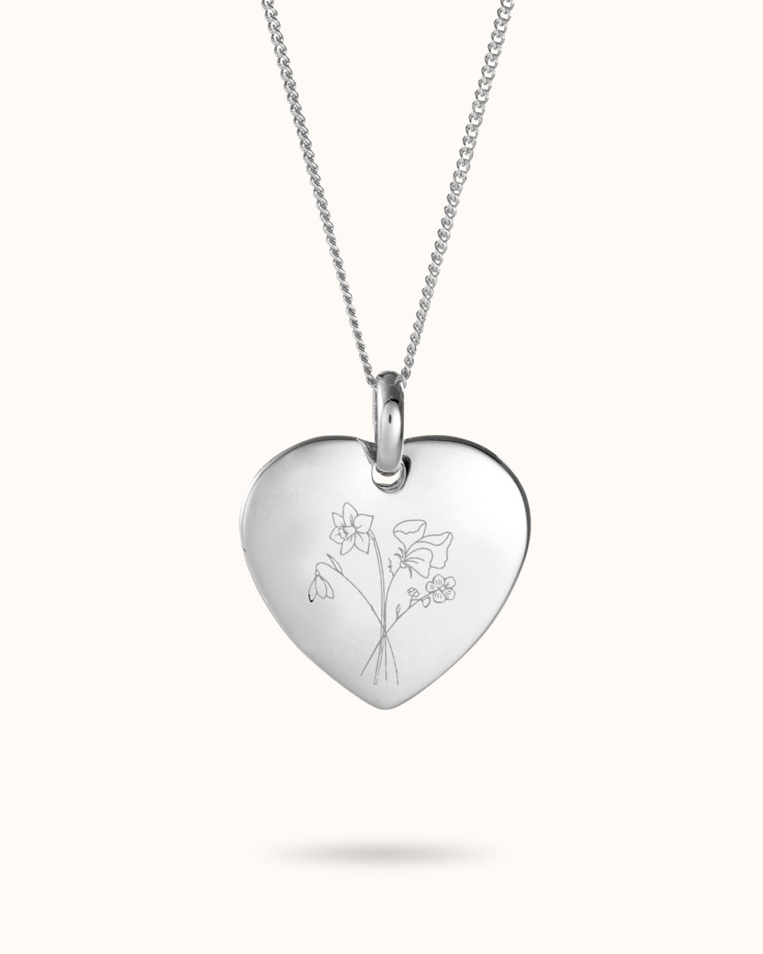 Birth Flower Bouquet Heart Charm Necklace - Silver