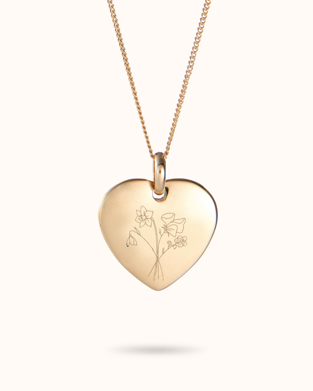 Birth Flower Bouquet Heart Charm Necklace - Gold plated