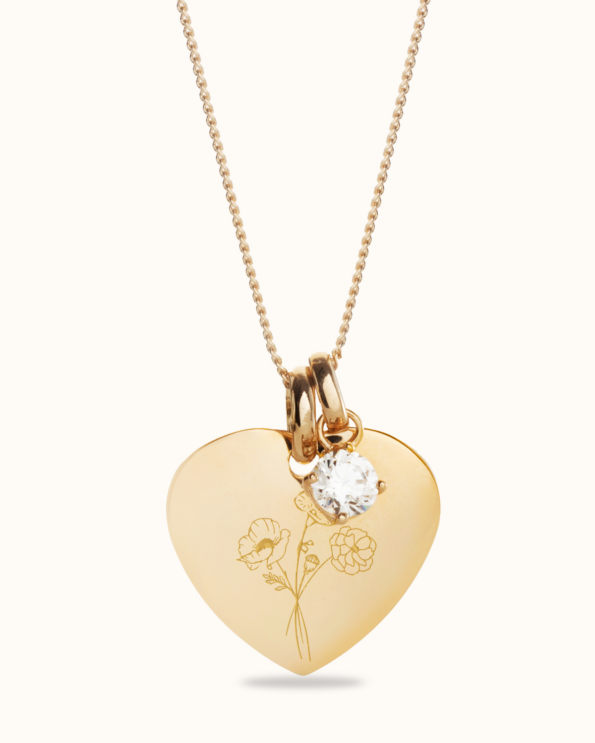 Birth Flower Bouquet Heart Charm Necklace - Gold plated