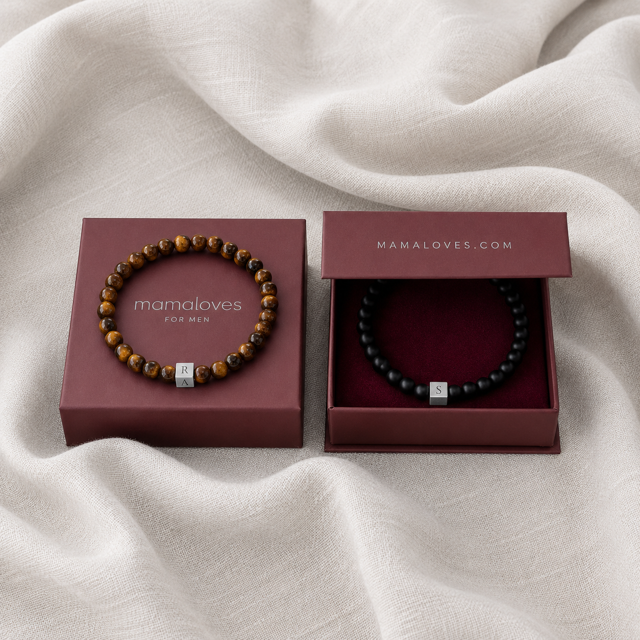 Men Beaded Initial Bracelet Black Onyx - Stainless steel silver