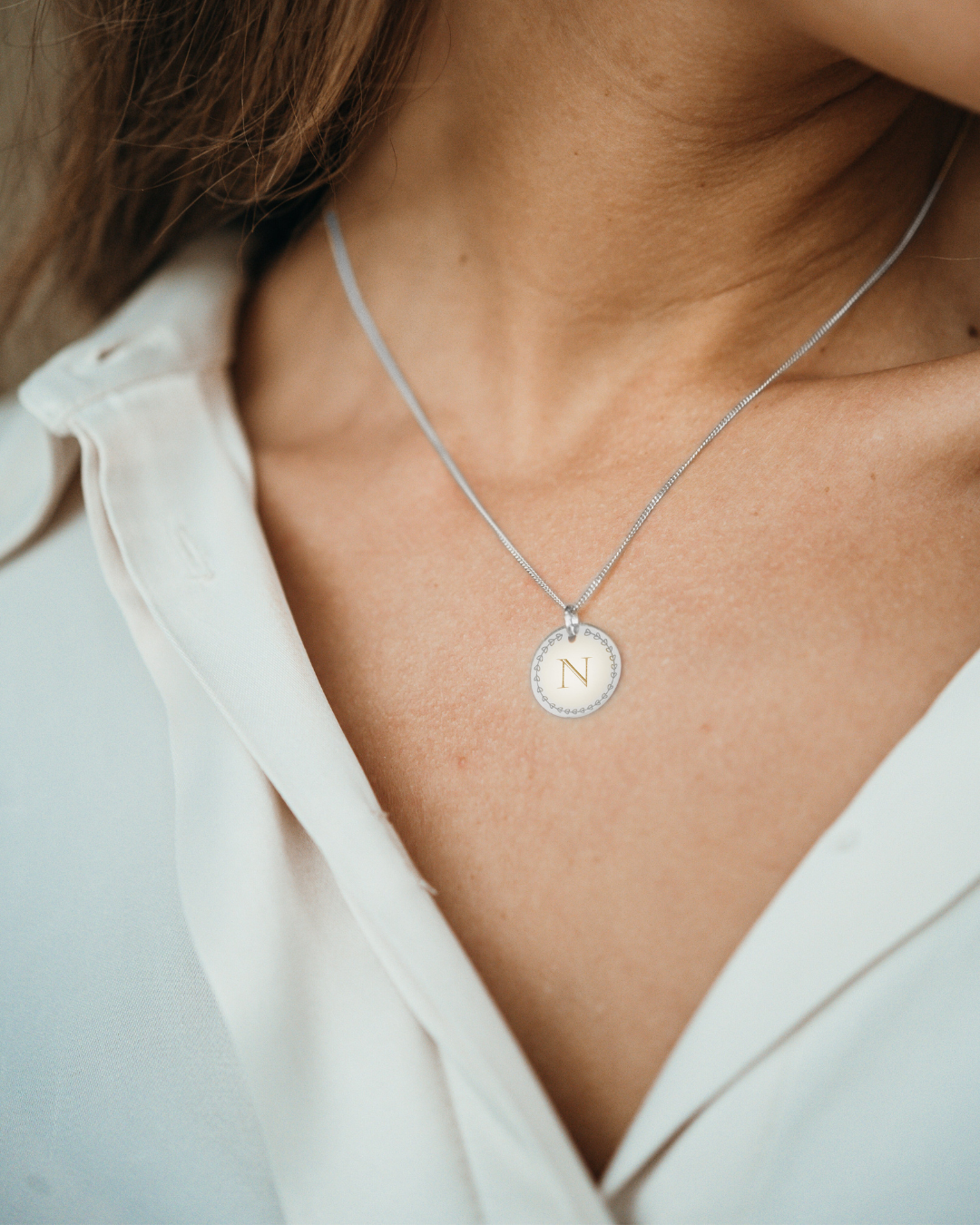 Collier Pendentif Rond Initale d'amour - Argent