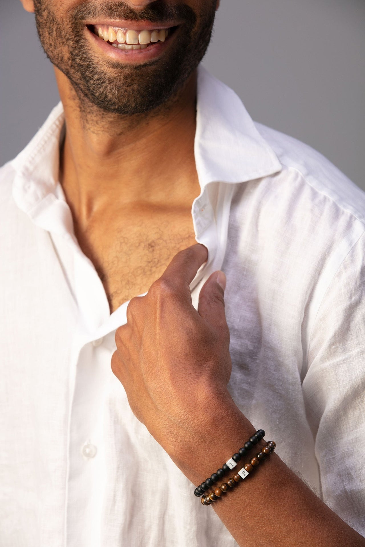 Homme Bracelet Perlé Initiale Oeil de Tigre - Acier inoxydable argent