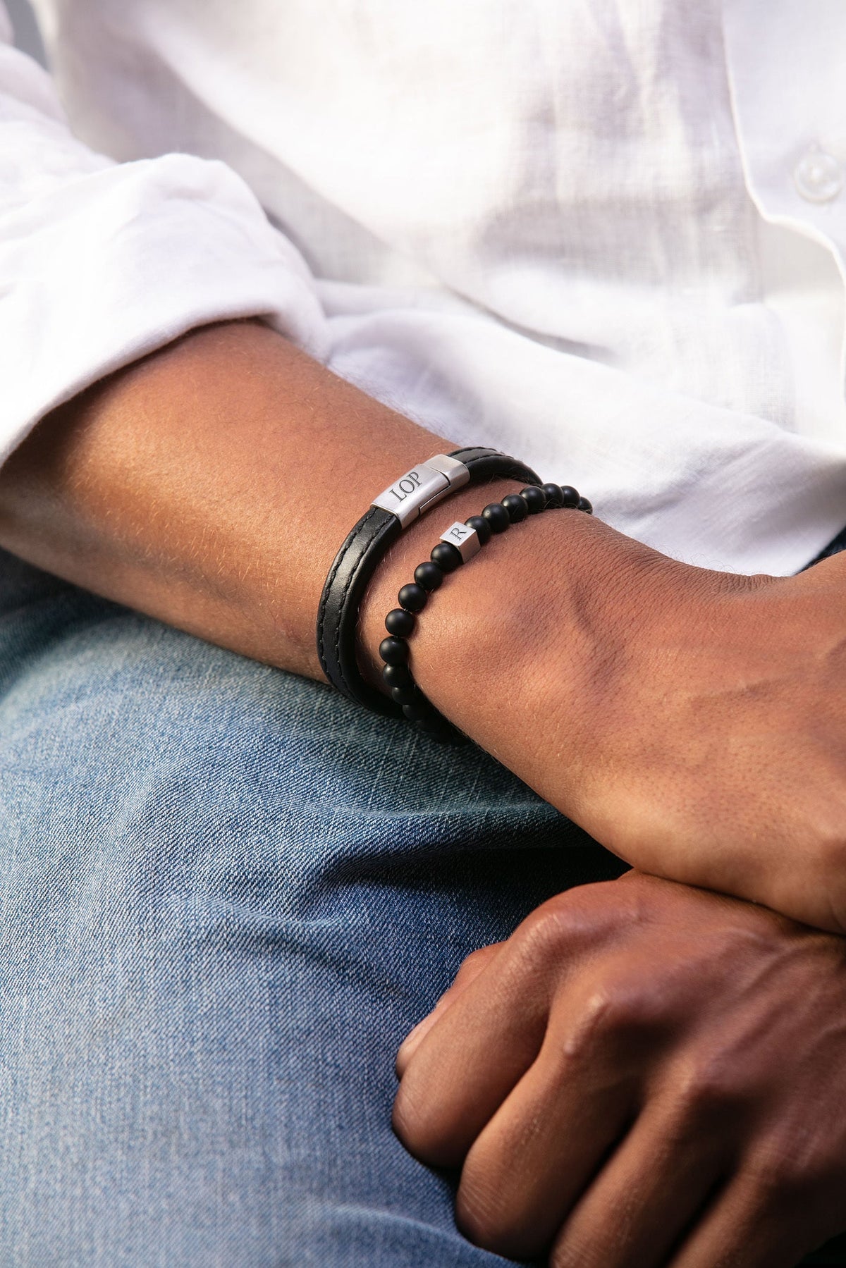 Men Beaded Initial Bracelet Black Onyx - Stainless steel silver