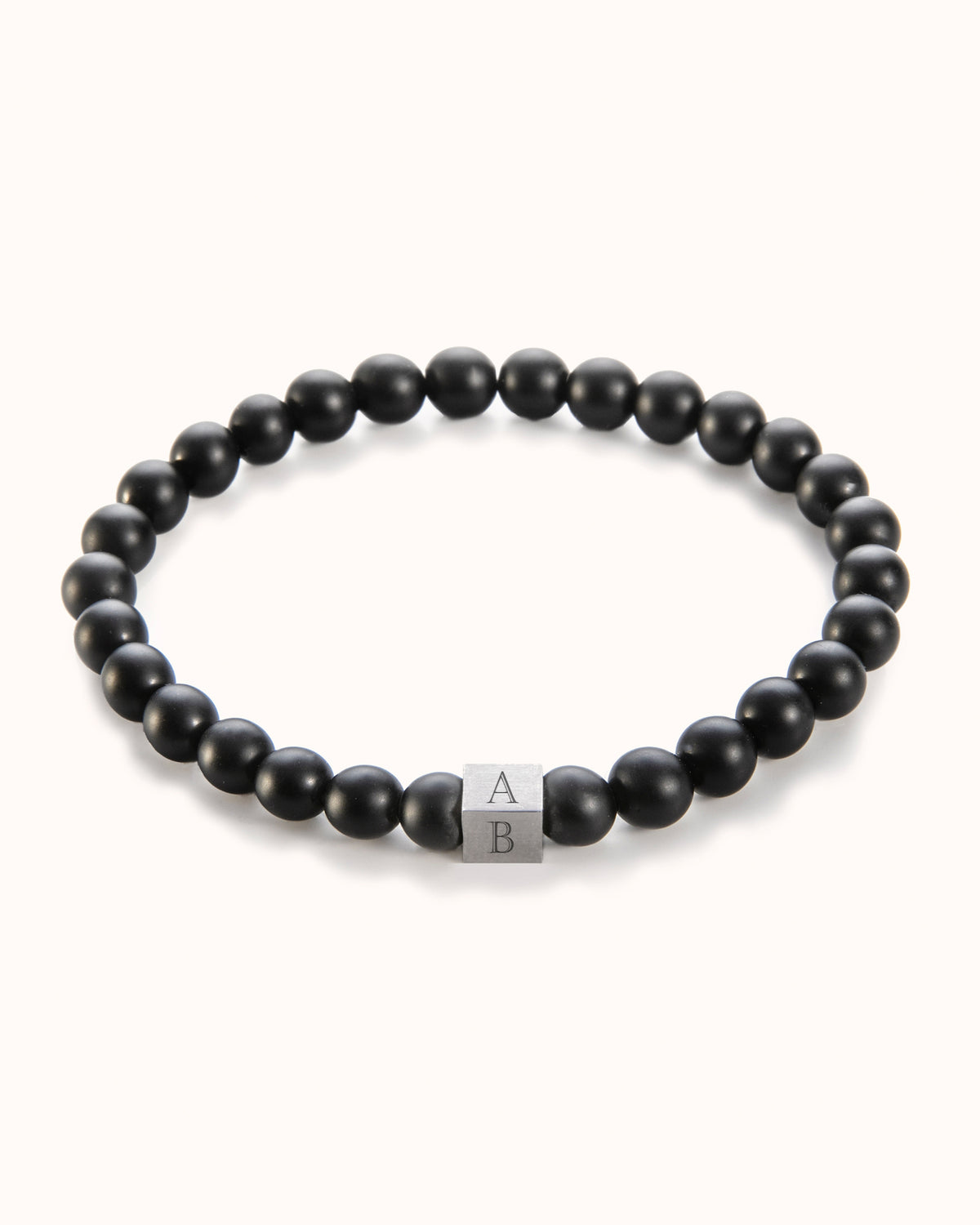 Mannen Beaded Initial Armband Black Onyx - RVS zilver