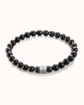 Men Beaded Initial Bracelet Black Onyx - Stainless steel silver