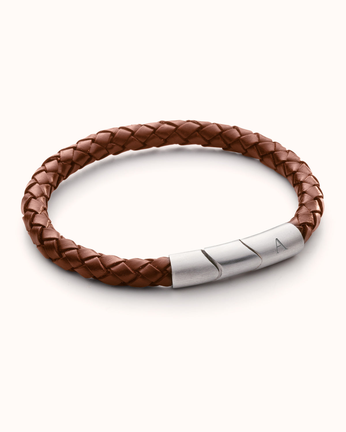 Mannen Leren Initial Armband Cognac - RVS zilver