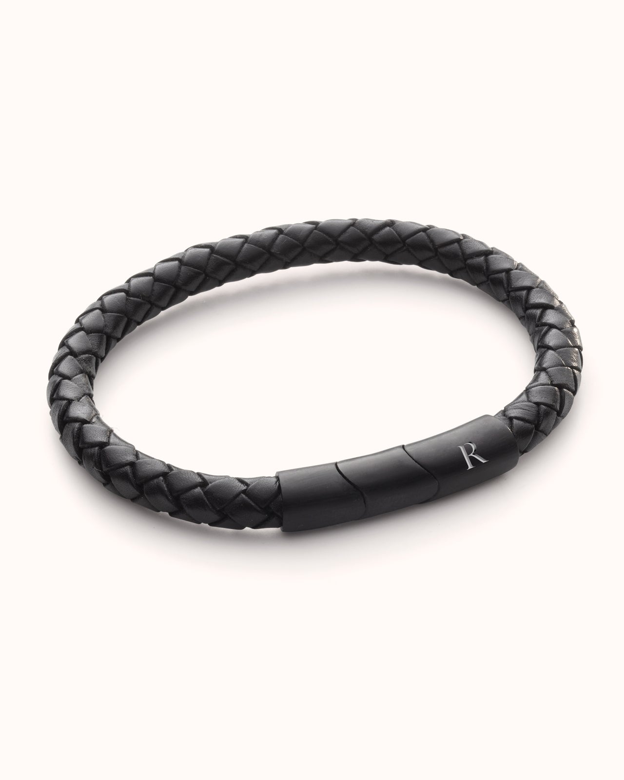 Men Leather Initial Bracelet Black - Stainless steel black