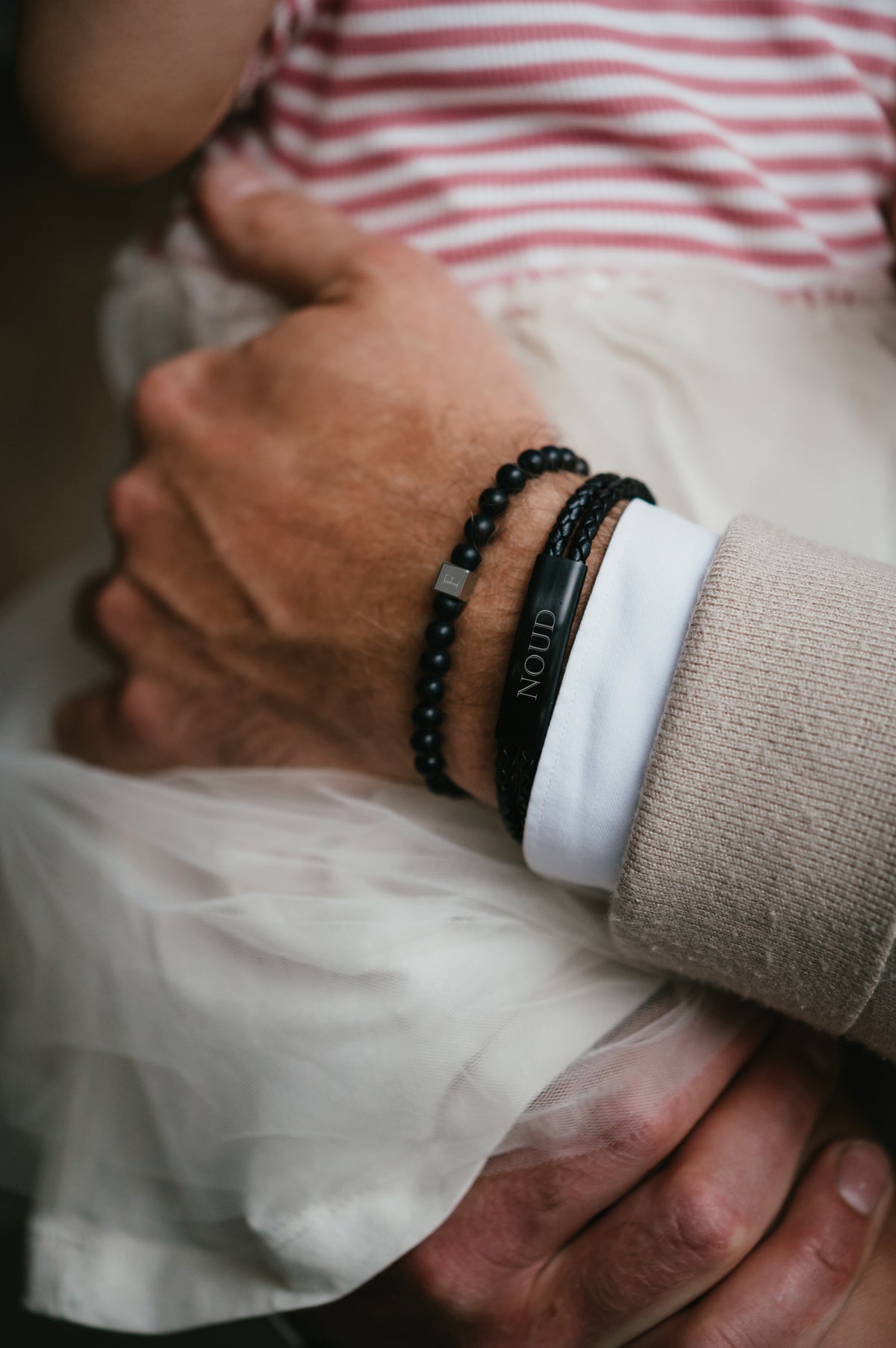 Braided leather men's bracelet with name - Stainless steel black