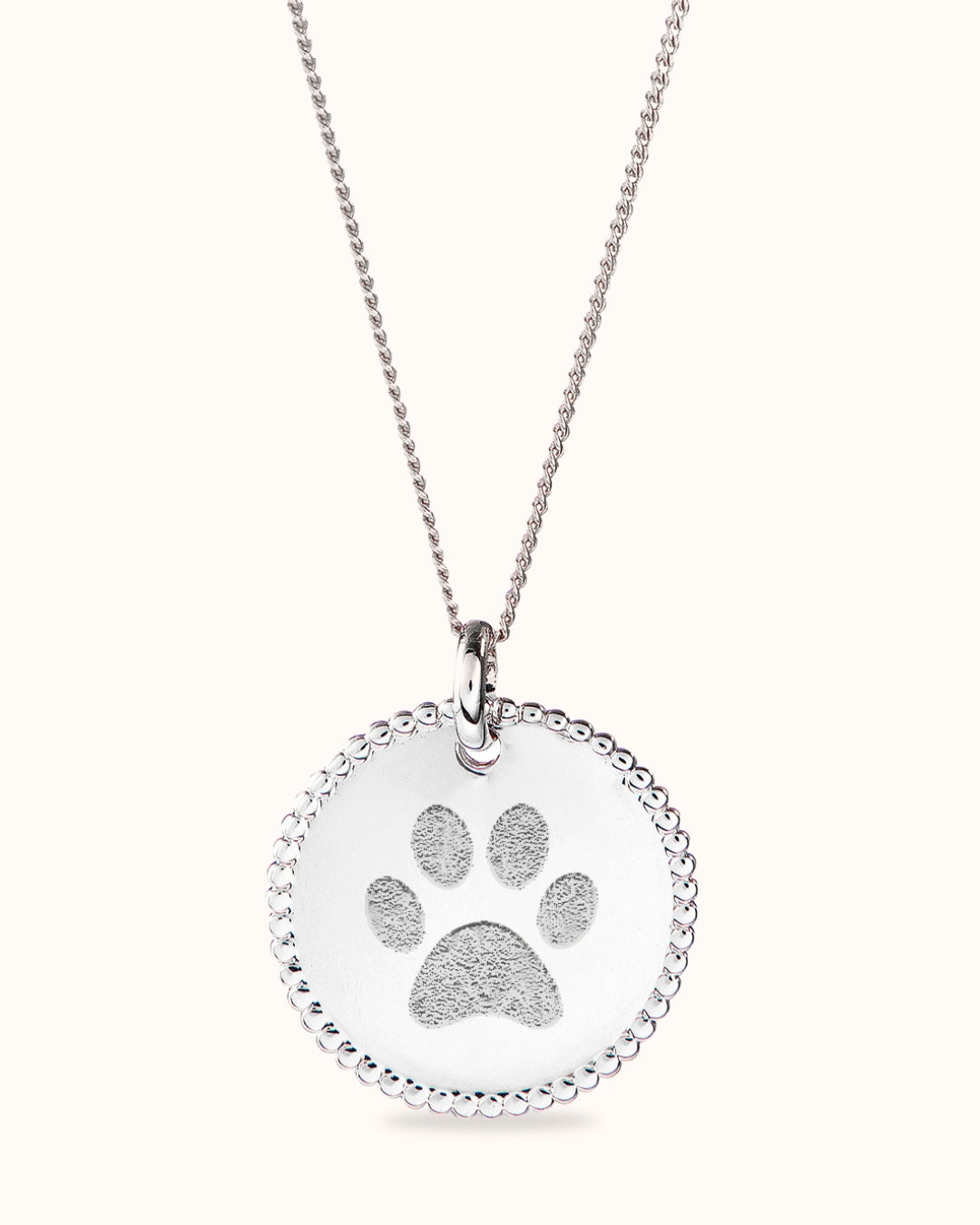 Collier Perlé Pendentif Rond Empreinte de Patte - Argent