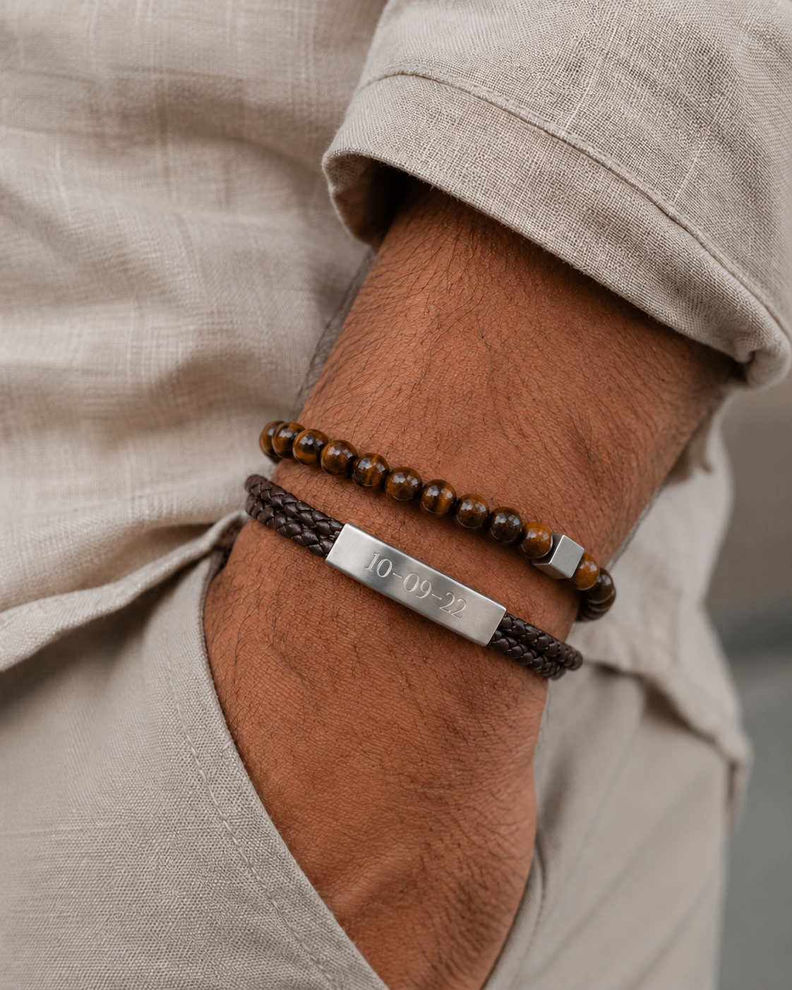 Vaderdag SET bruin gevlochten - Gepersonaliseerde Heren Armbanden