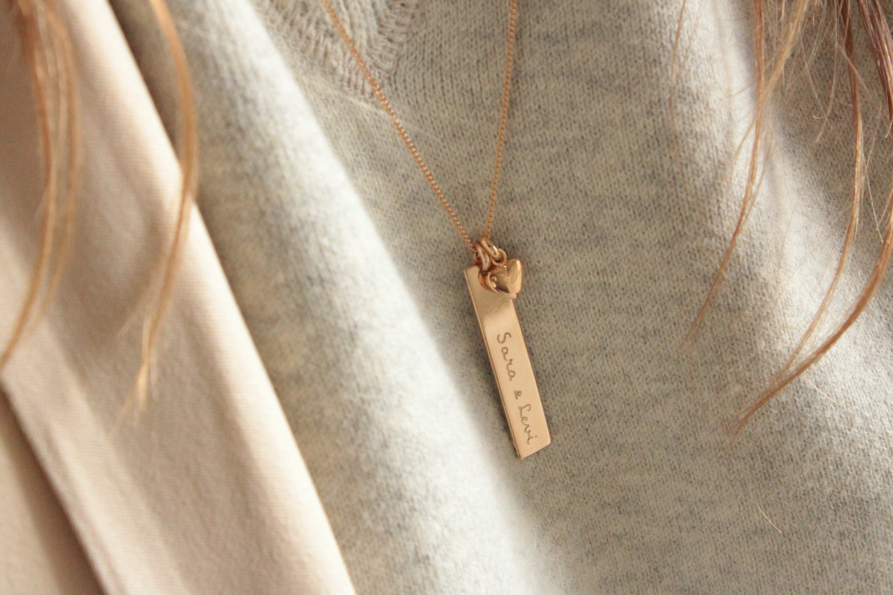 Vertical Bar Necklace with Tiny Heart - Gold plated