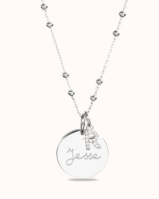 Initial Sparkle Charm Coin Necklace - Silver