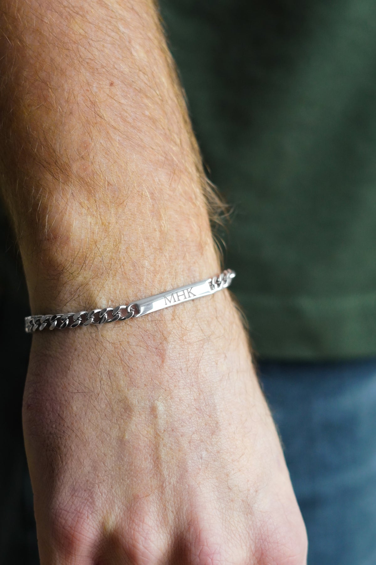Mannen Bar Chain Armband - Zilverkleurig staal - Gepersonaliseerde Heren Armband
